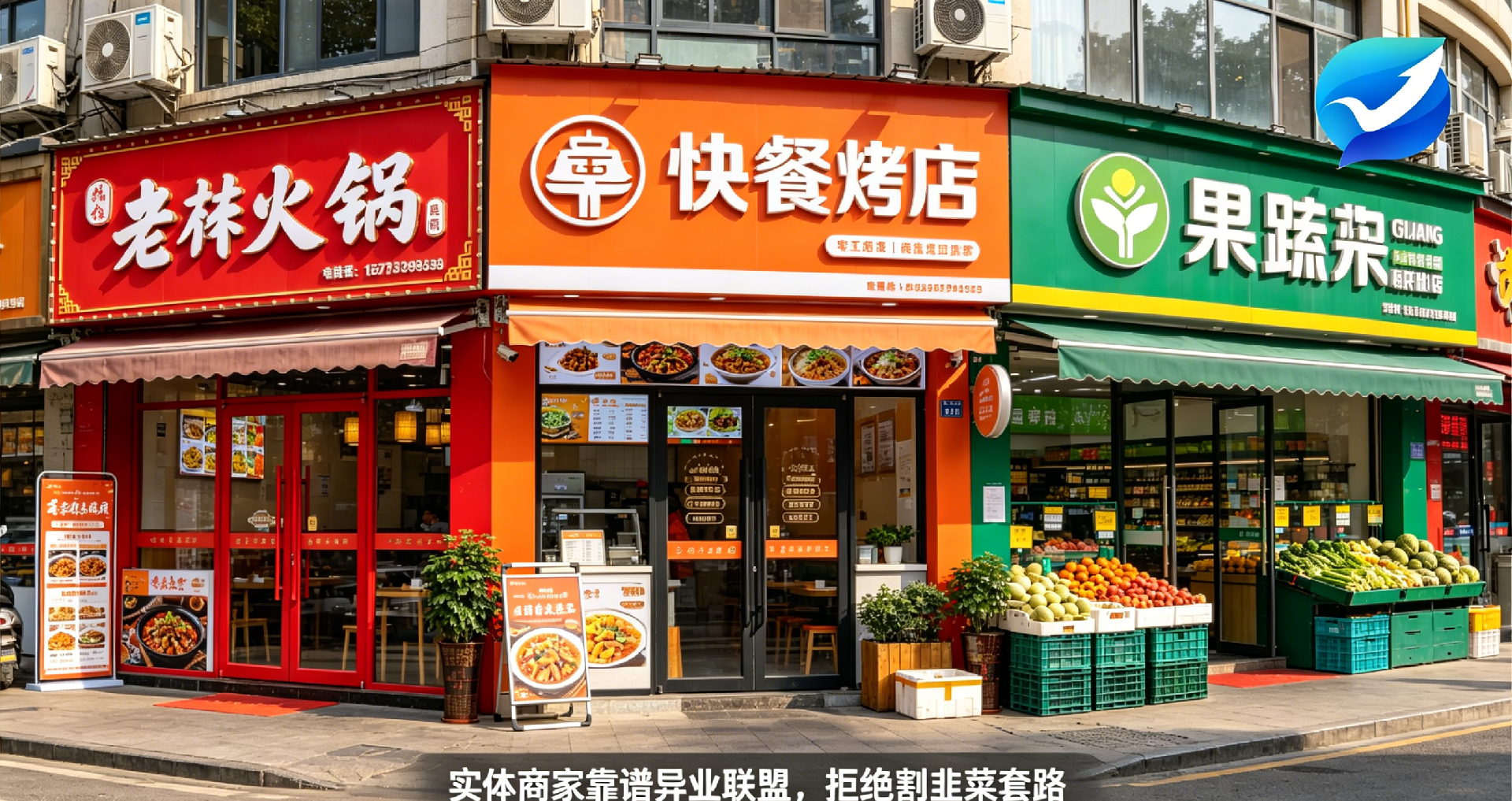 多张本地餐饮 / 生鲜 / 便利店实体商家门头实景拼接（火锅店、快餐店、果蔬店实拍门头）