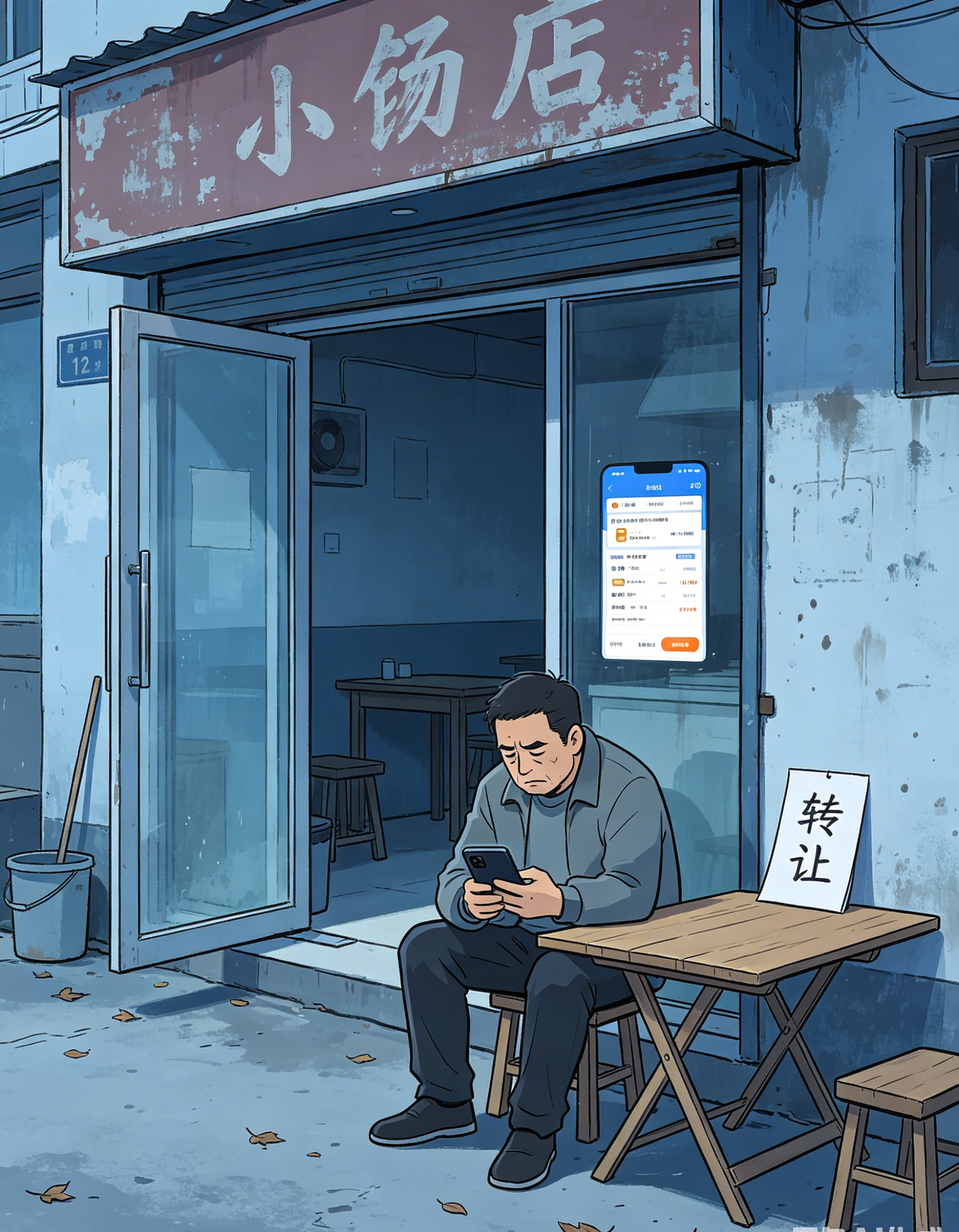 在消费模式迭代的今天，许多传统小型实体店正面临着前所未有的挑战。高成本的曝光投入、单一平台的依赖，以及微薄的利润空间，都让商家们倍感压力。此图描绘了一家生意冷清的小餐馆老板，正为订单稀少和经营成本而发愁，生动展现了传统引流方式的痛点与无奈。