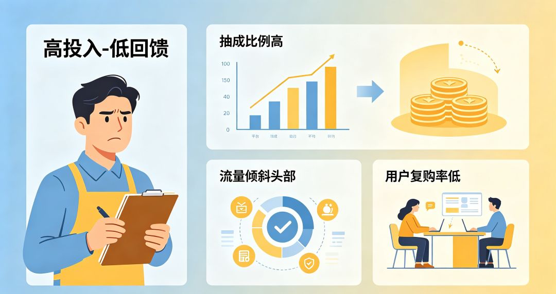 2026 本地生活实体店营收高利润低痛点图，解析中心化平台经营难题，中小商户生意流水好看净利微薄商业图解