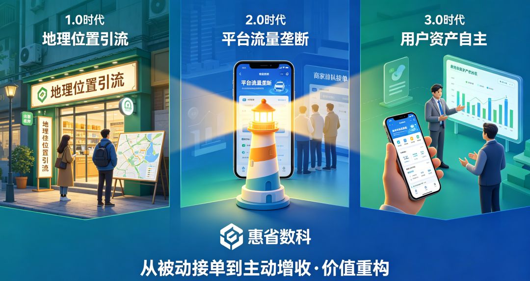 实体商家经营模式蜕变对比，2.0 被动接单为平台打工，3.0 依托惠省巴沉淀私域用户资产主动增收，摆脱流量垄断利润黑洞，打造属于门店自身可持续流量银行