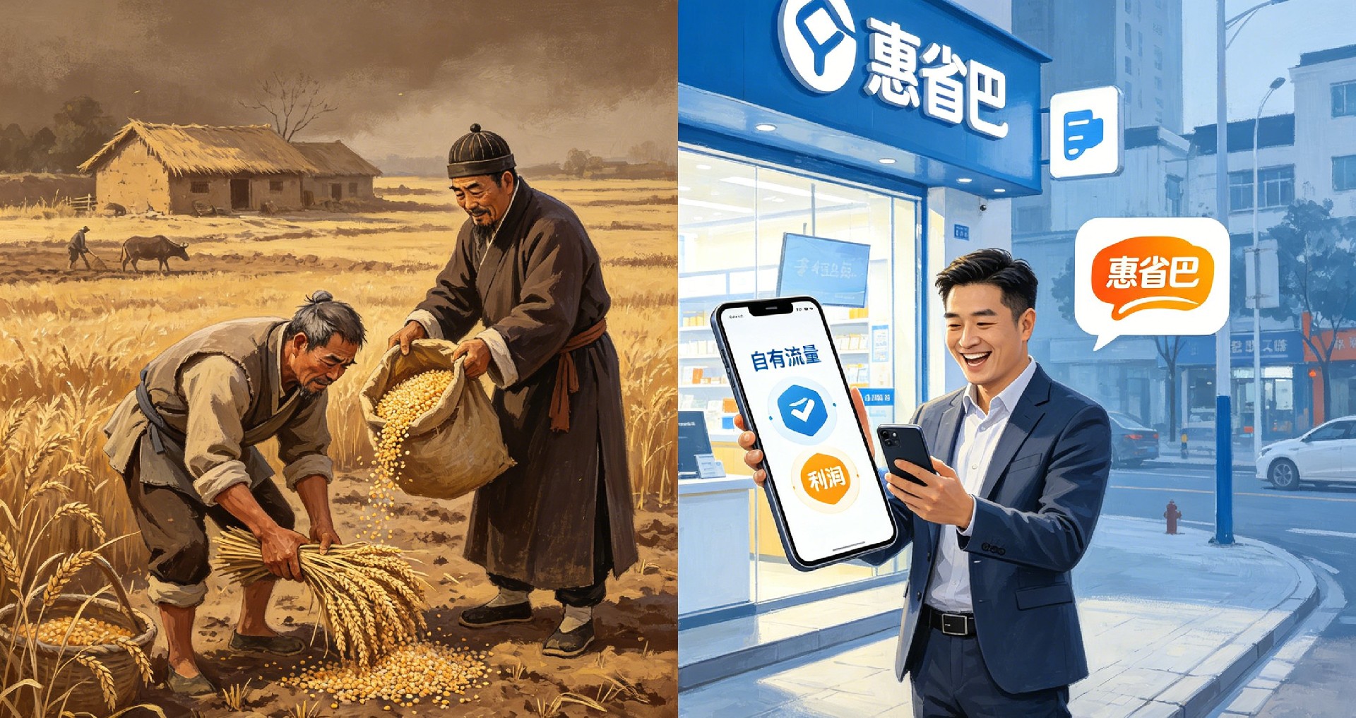 本地生活 3.0 时代，惠省数科去中心化模式破局。图片以 “数字土地革命” 为核心创意，左侧描绘封建农耕时代农民在地主土地上辛勤劳作却收获微薄的场景，右侧展现现代实体商家通过惠省巴生态系统，将手机中的自有流量（私域会员）转化为订单和利润，彻底摆脱中心化平台的 “地主式” 剥削。画面分割鲜明，对比强烈，直观传达 “从被剥削到自主盈利” 的主题变革。