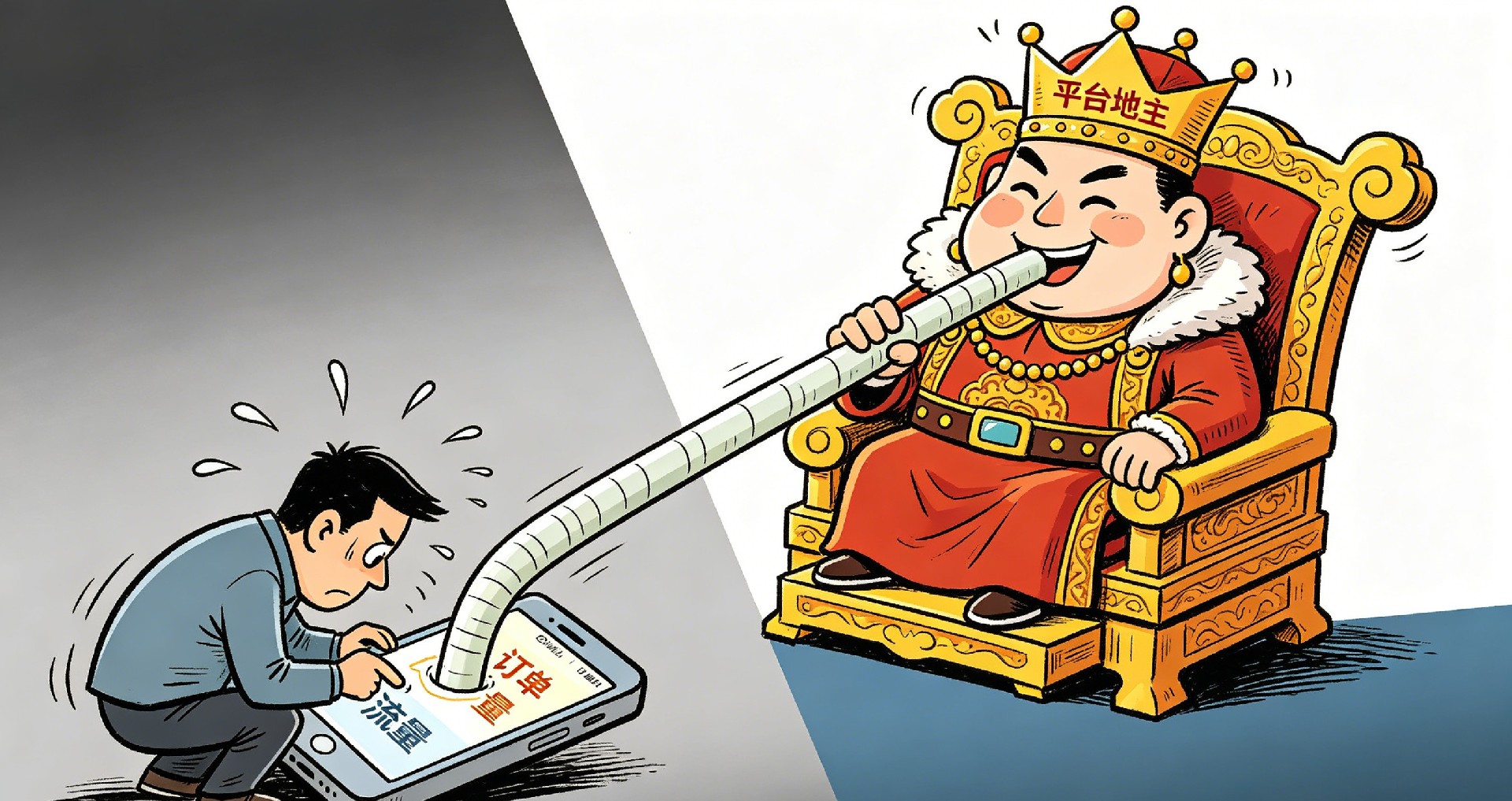 生动的漫画风格插画，深刻揭示 “数字时代，商家沦为平台‘数字农民’” 的残酷现实。画面中，一个现代商家（如店主）被巨大的 “平台地主” 所控制，商家手中的手机屏幕上显示着 “流量” 和 “订单”，但一条象征 “平台抽佣” 的巨大吸管正将手机中的利润源源不断地吸走，形象地诠释了 “流量被垄断，利润被收割” 的行业痛点
