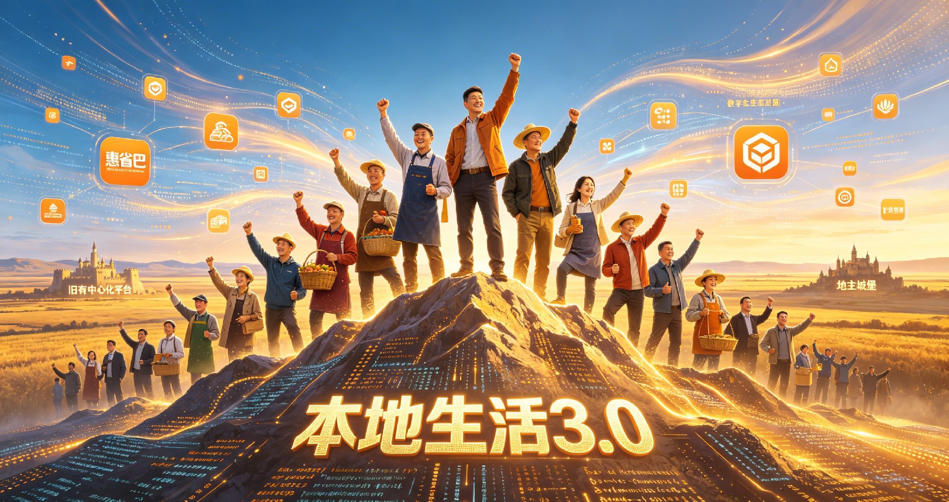 一幅宏大的 “数字农民翻身做主” 的胜利景象。画面中，众多实体商家代表（数字农民）站在一座象征 “本地生活 3.0” 的数字之巅，他们身后是惠省巴生态系统的广阔蓝图。每个人脸上都洋溢着自主经营、盈利增收的喜悦。远方，代表中心化平台的 “地主城堡” 正在黯淡，寓意着旧时代的落幕。整幅画面构图开阔，充满正能量，展望了 “商家当家做主、共建本地生活新生态” 的美好未来。