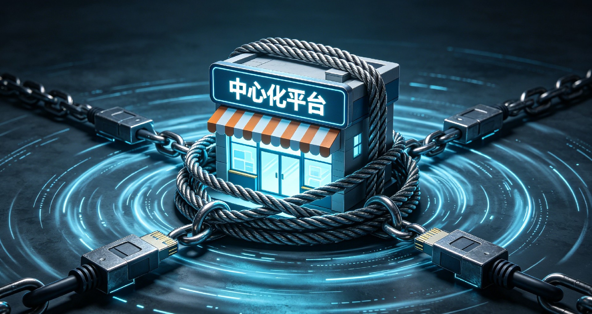 象征流量的数据线如枷锁般将实体店捆绑在巨大的 “中心化平台” 图标上，寓意商家完全依赖平台，失去流量自主权，被平台牢牢掌控。