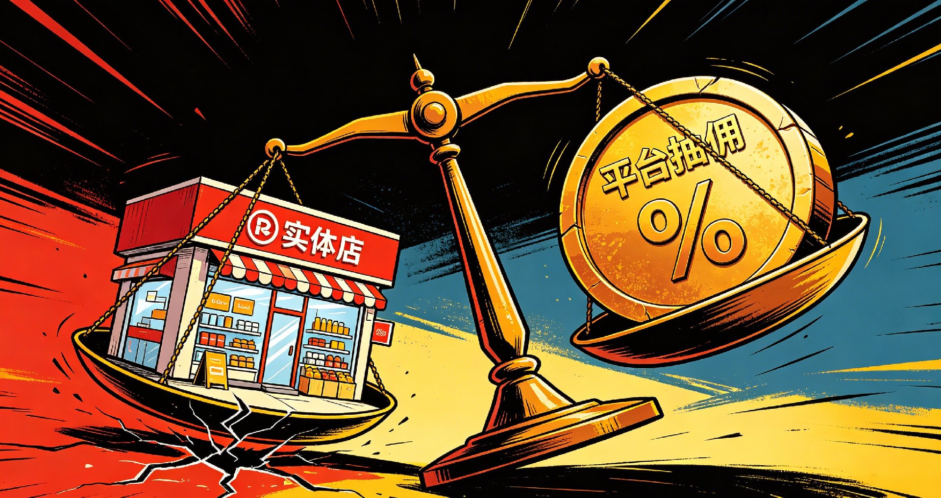 一个失衡的天平，一端是实体店，另一端是沉重的 “平台抽佣” 砝码，生动展现了高额抽佣对实体店利润的无情压榨，揭示了 “为平台打工” 的核心矛盾。